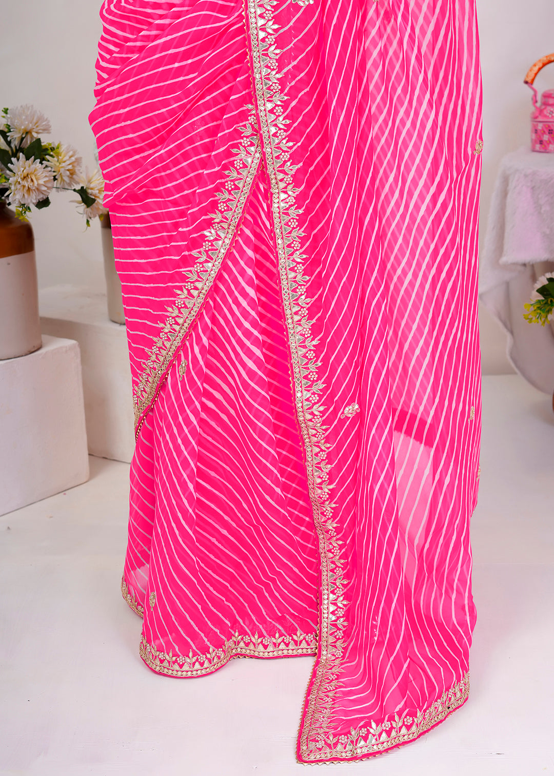 Pink Hand Embroidered Gota Patti Leheriya Pure Georgette Saree