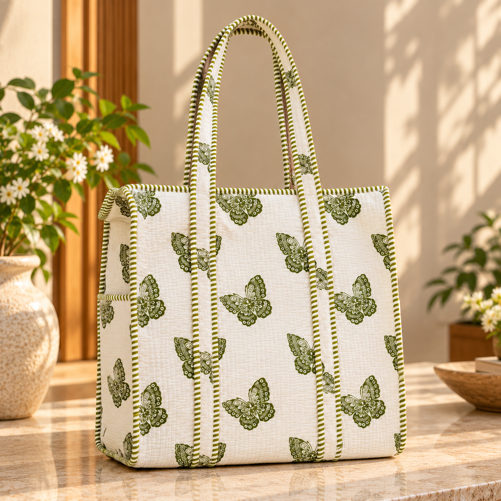 White & Green Butterfly Printed Quilted Tote Bag