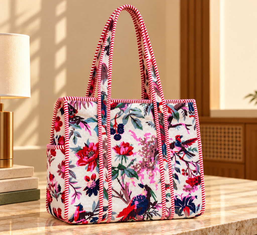 White & Pink Bird and Floral Printed Quilted Tote Bag