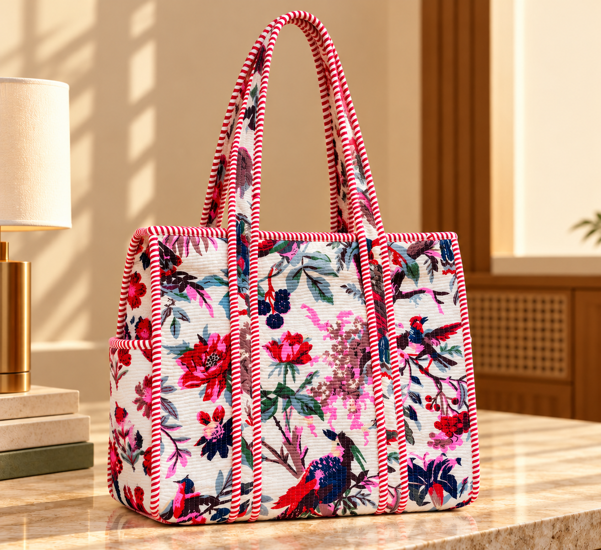 White & Pink Bird and Floral Printed Quilted Tote Bag