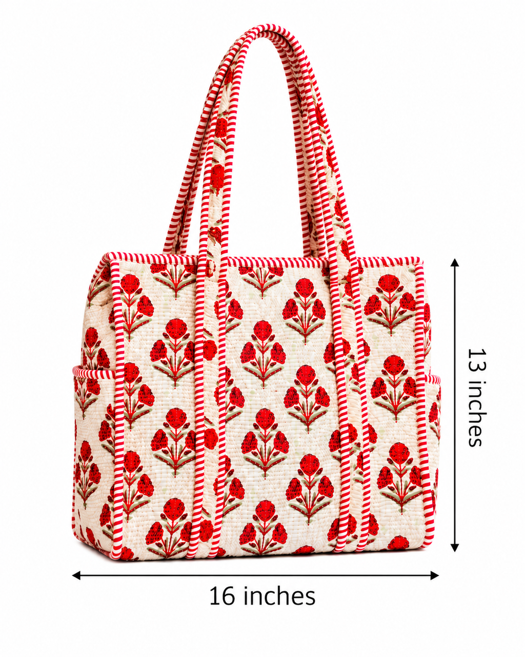 White & Red Floral Printed Quilted Tote Bag