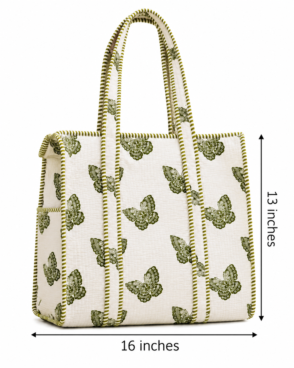 White & Green Butterfly Printed Quilted Tote Bag