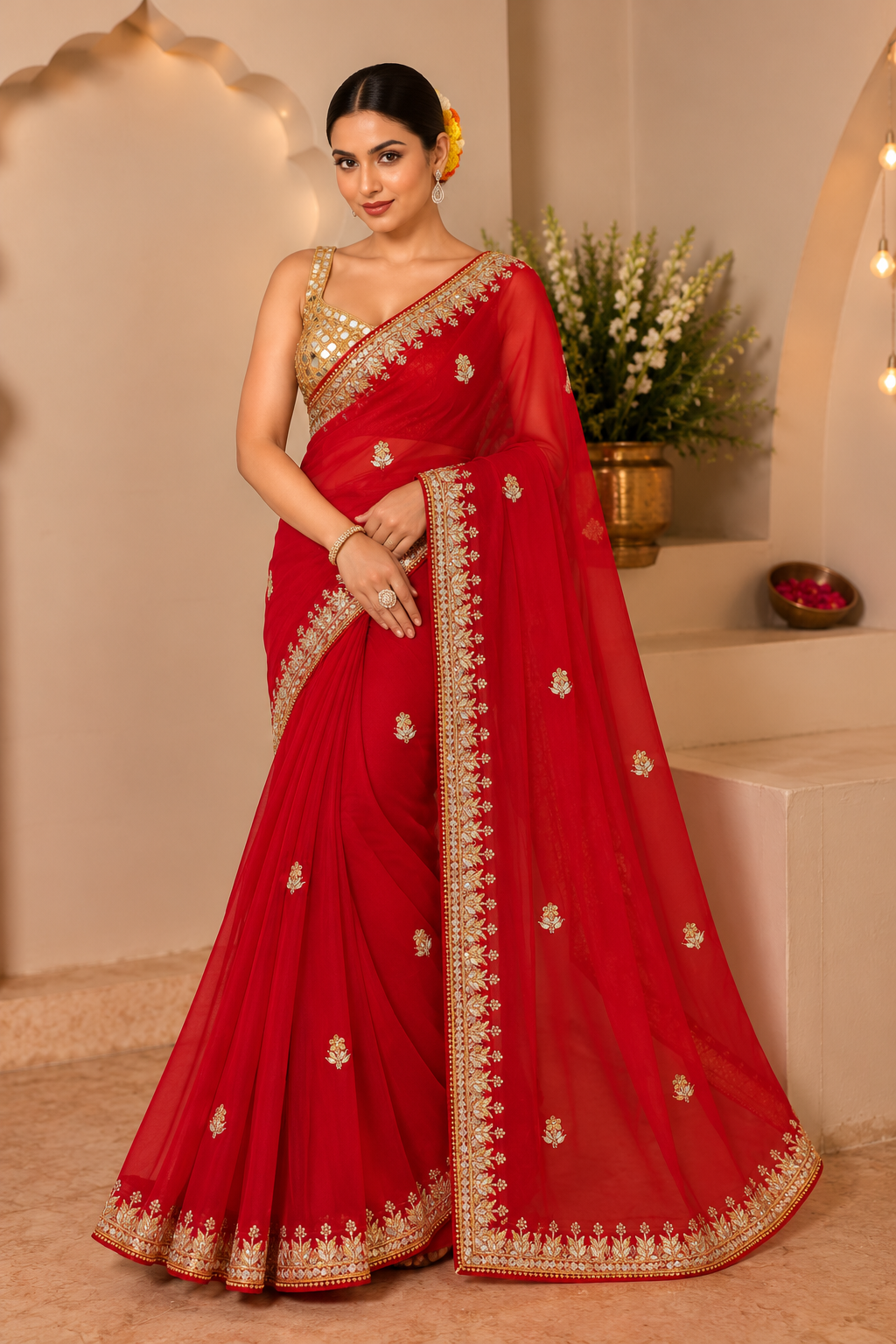 Red Organza Saree with Gota Patti Border