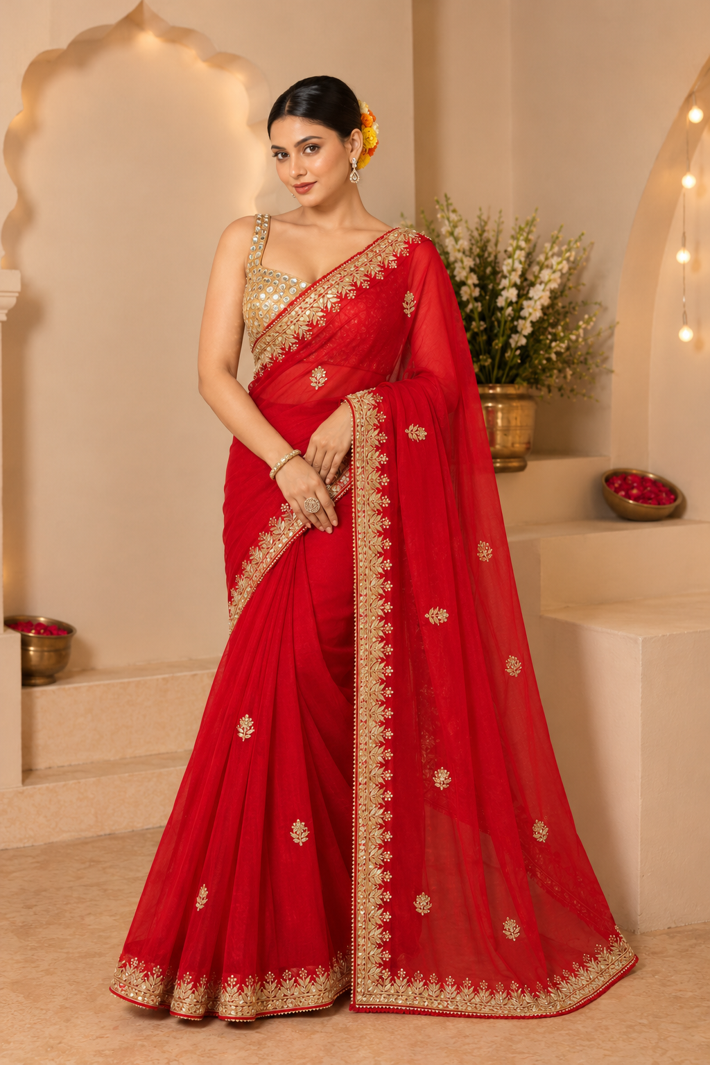 Red Organza Saree with Gota Patti Border