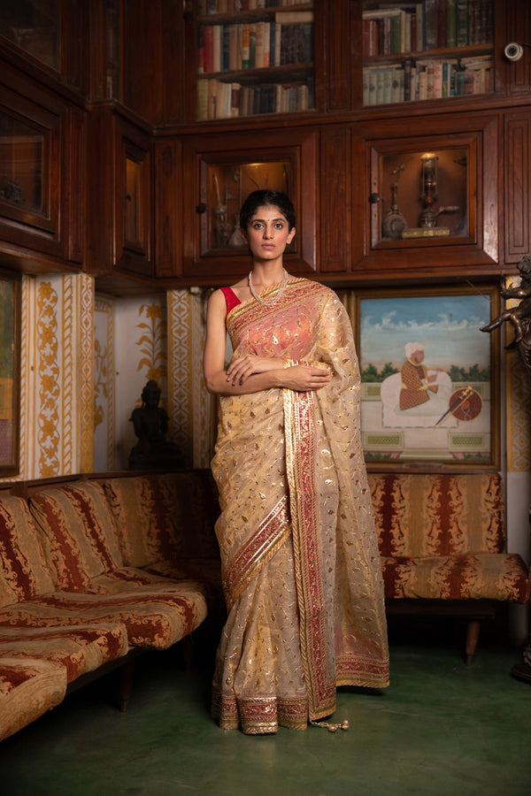 Golden Handcrafted  Gota Patti Pure Kota Tissue Saree