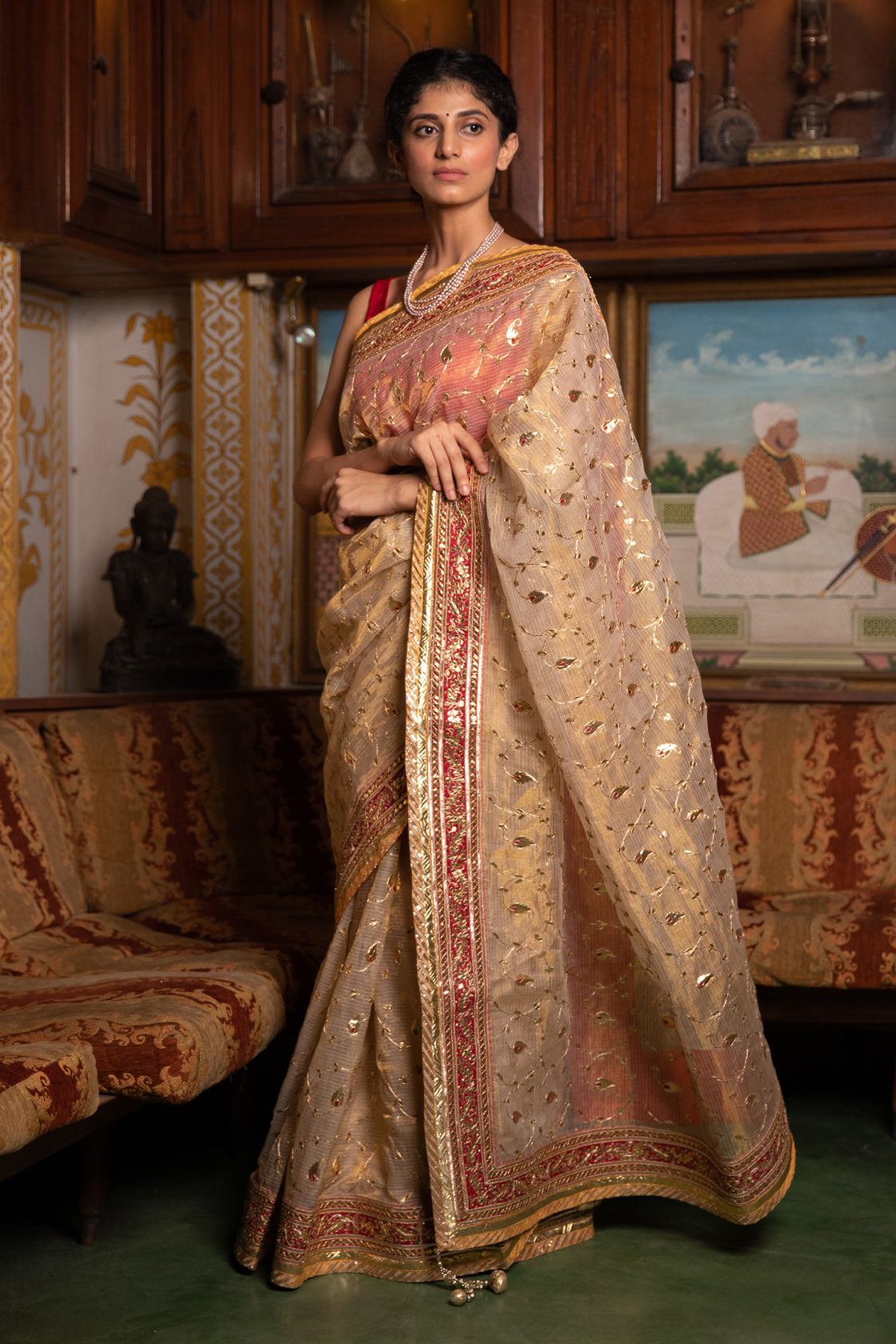 Golden Handcrafted  Gota Patti Pure Kota Tissue Saree