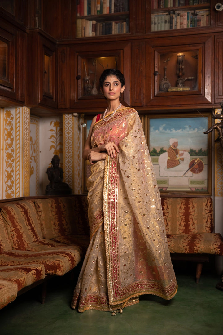 Golden Handcrafted  Gota Patti Pure Kota Tissue Saree