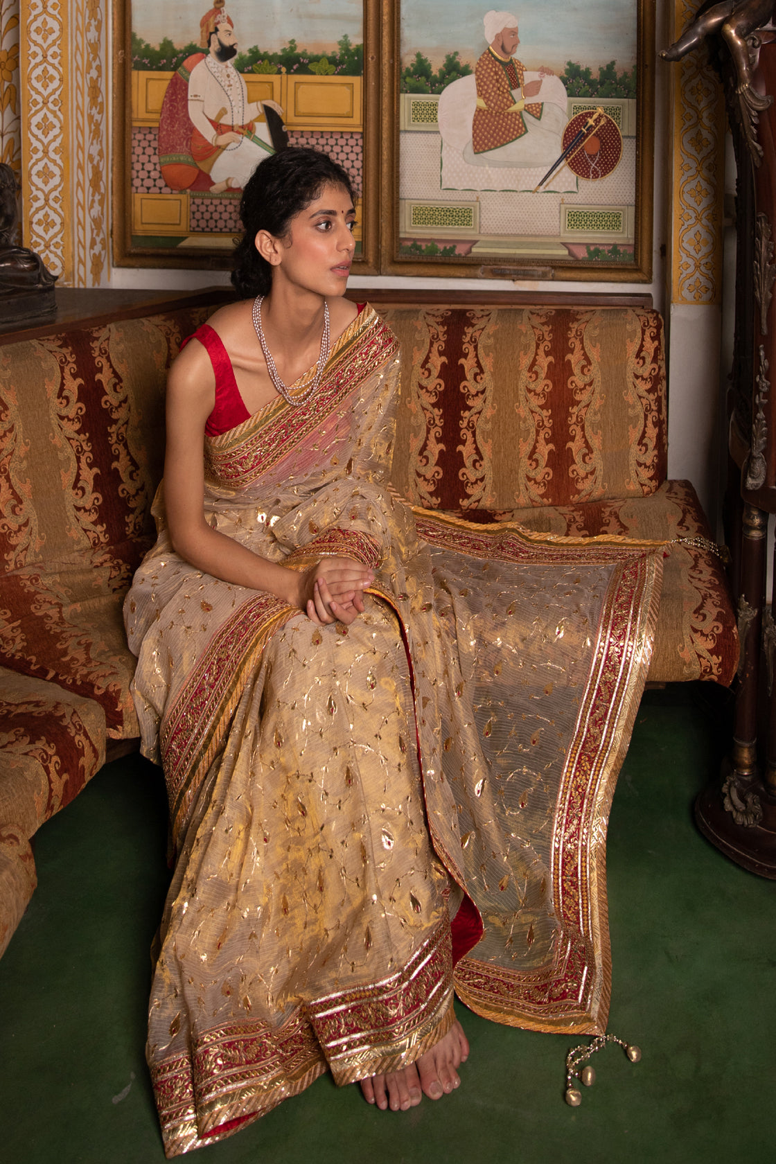 Golden Handcrafted  Gota Patti Pure Kota Tissue Saree