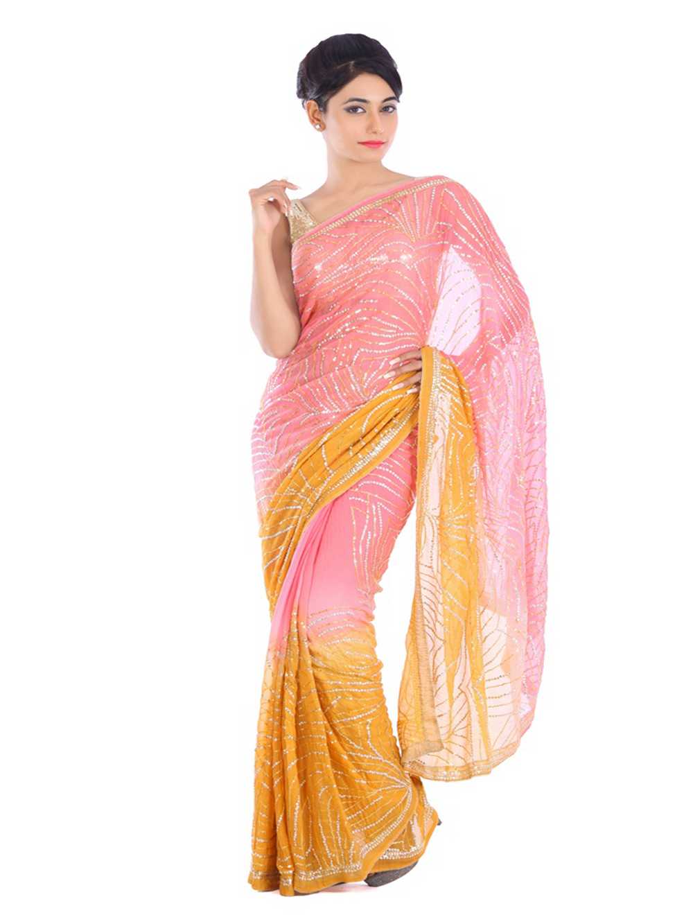 Pink & Yellow Pure  Georgette Sequins Work Saree