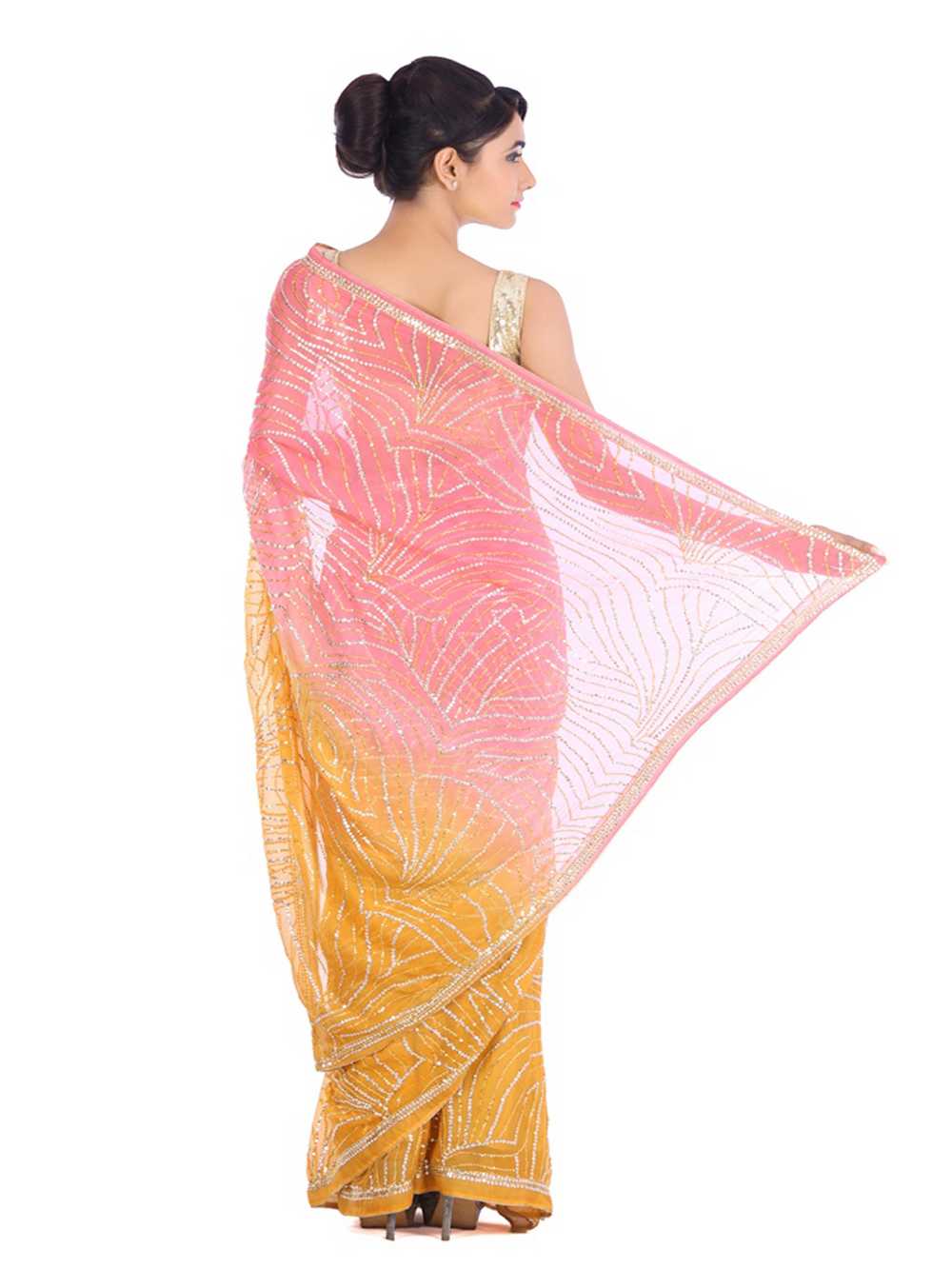 Pink & Yellow Pure  Georgette Sequins Work Saree