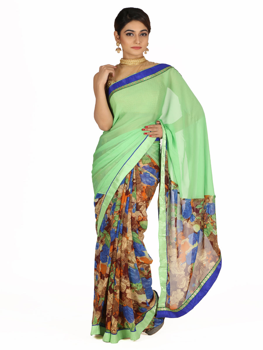 Green Printed Georgette Saree