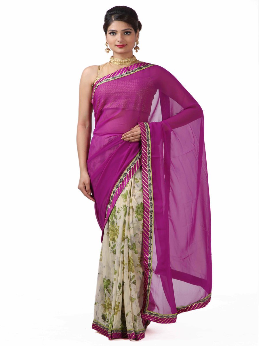 Purple Printed Poly Georgette Saree