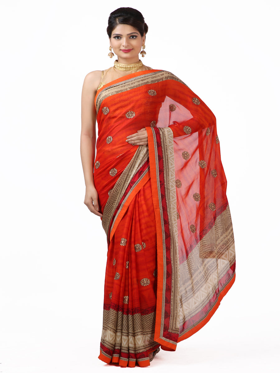 Red Hand Embroidered Georgette Saree