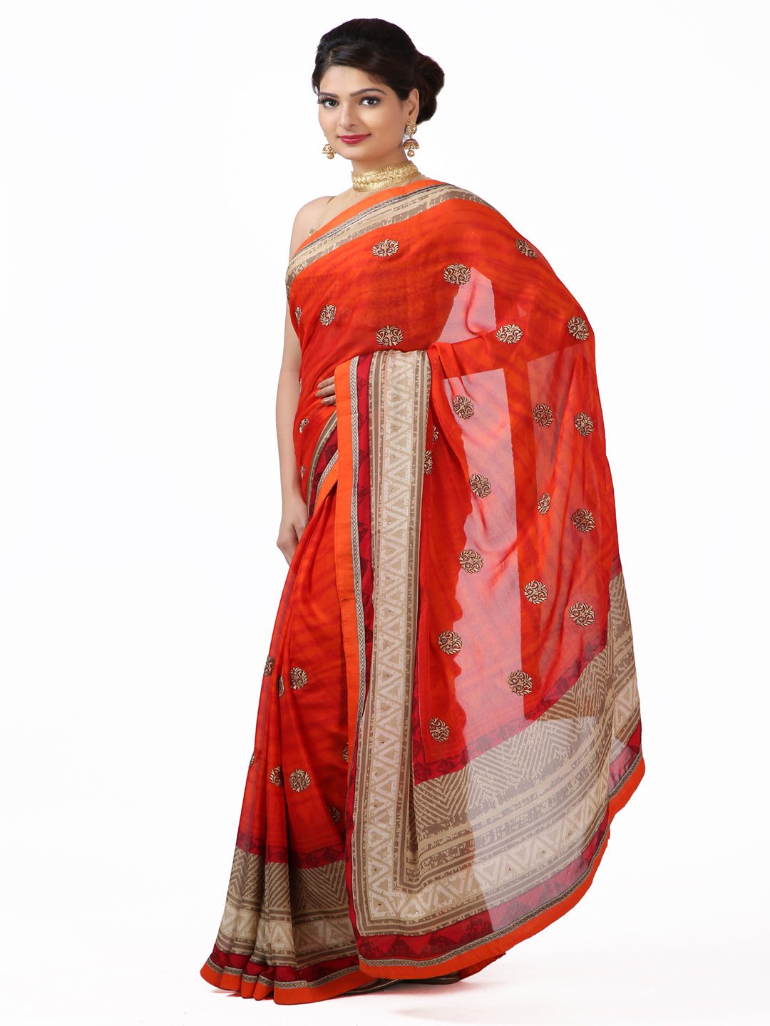 Red Hand Embroidered Georgette Saree