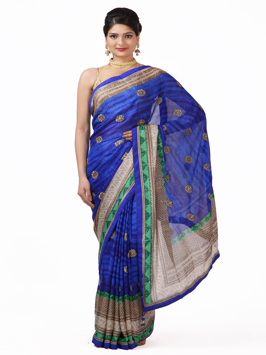Blue Hand Embroidered Georgette Saree