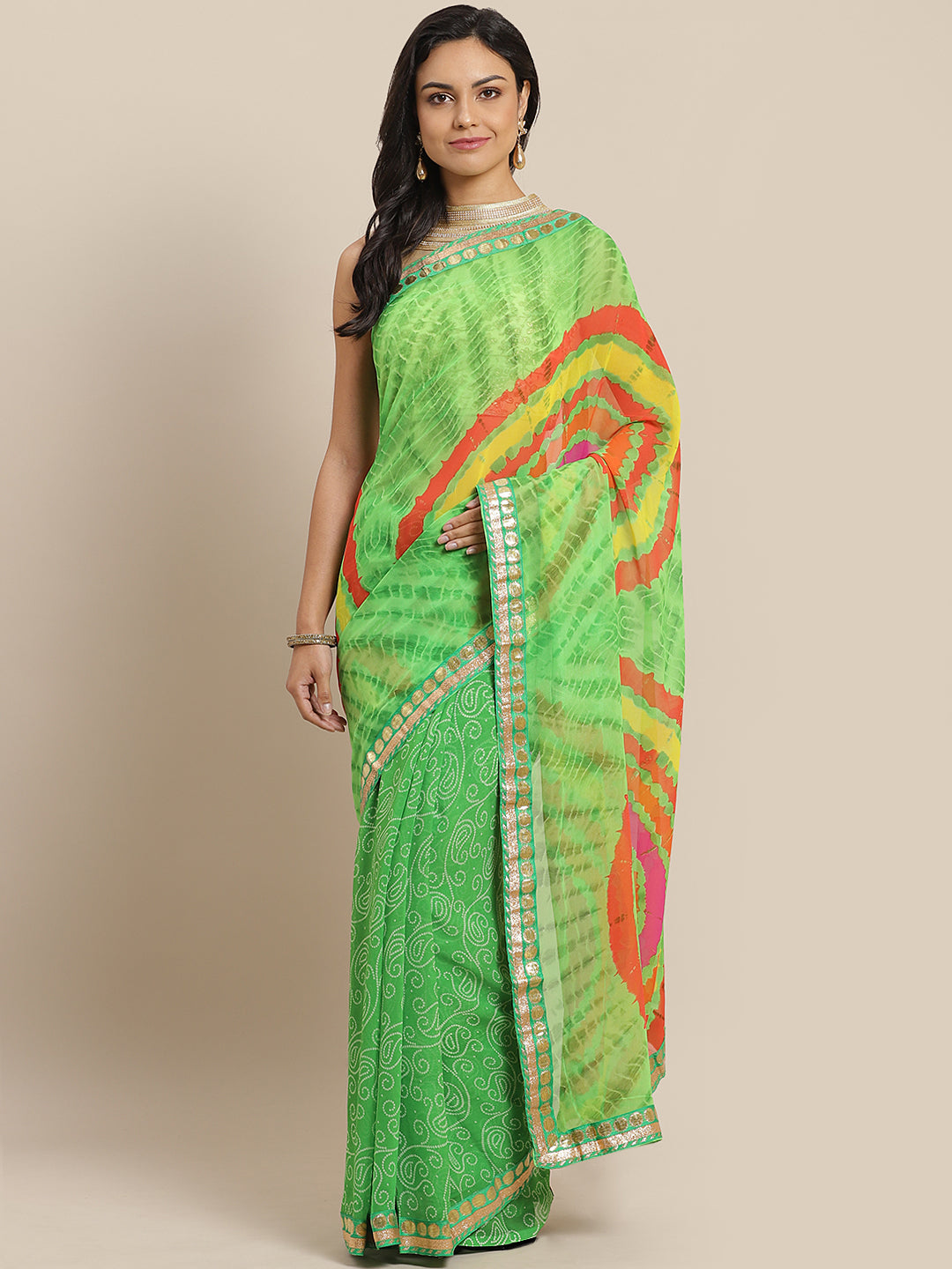 Green Bandhani With Leheriya Georgette Saree