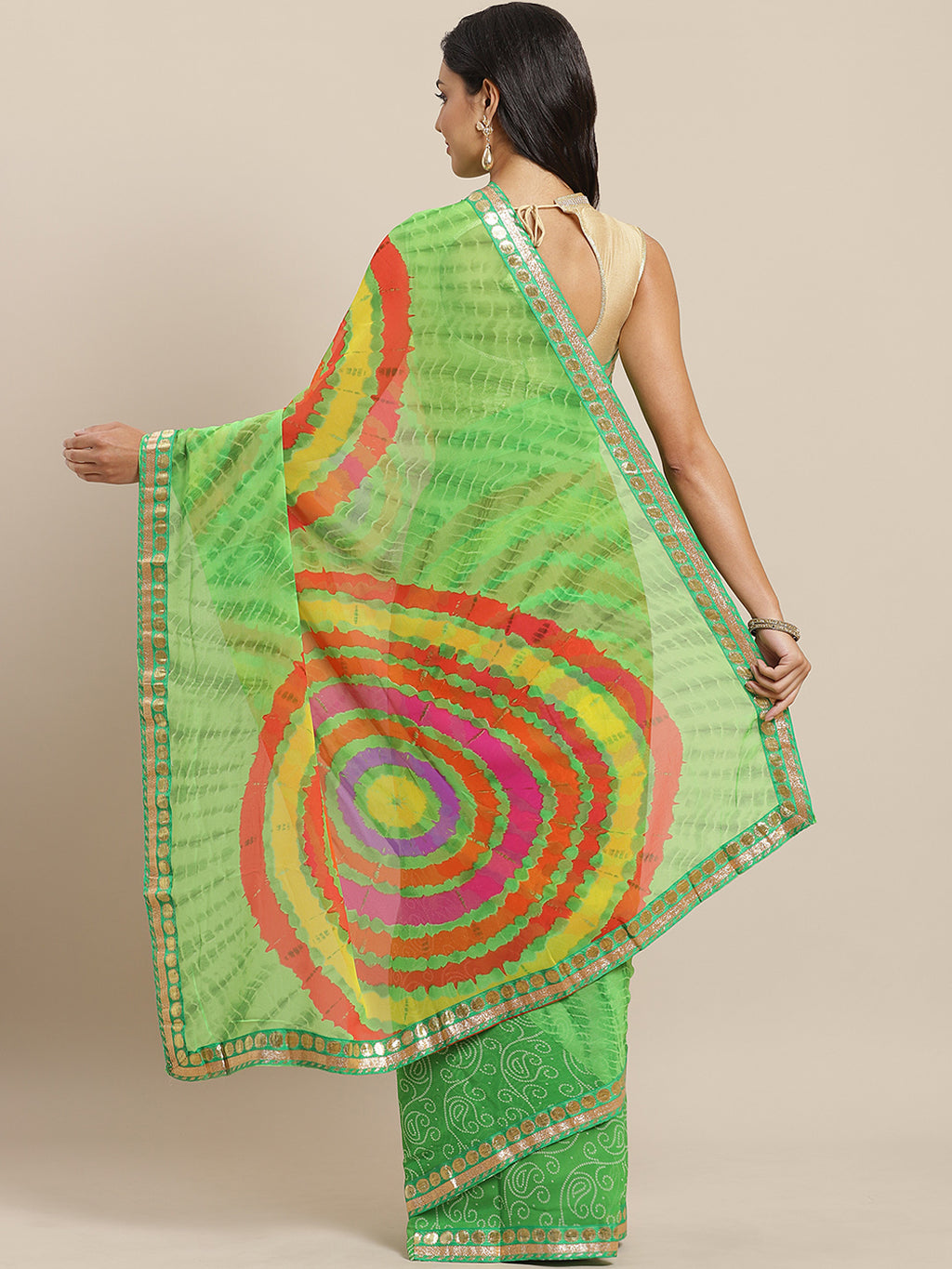 Green Bandhani With Leheriya Georgette Saree