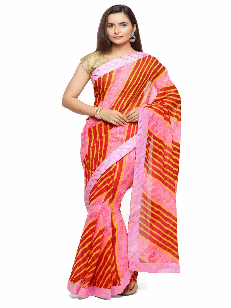 Red & Pink Bandhani With Leheriya Chiffon Saree