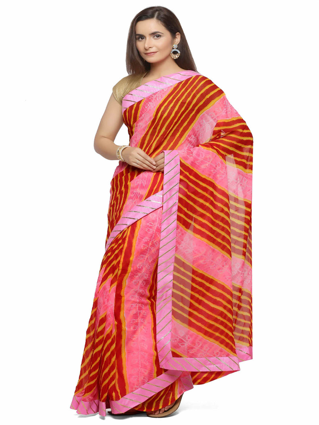 Red & Pink Bandhani With Leheriya Chiffon Saree