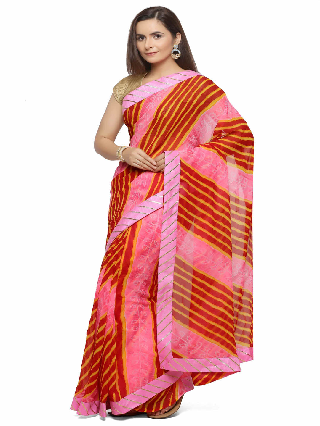 Red & Pink Bandhani With Leheriya Chiffon Saree