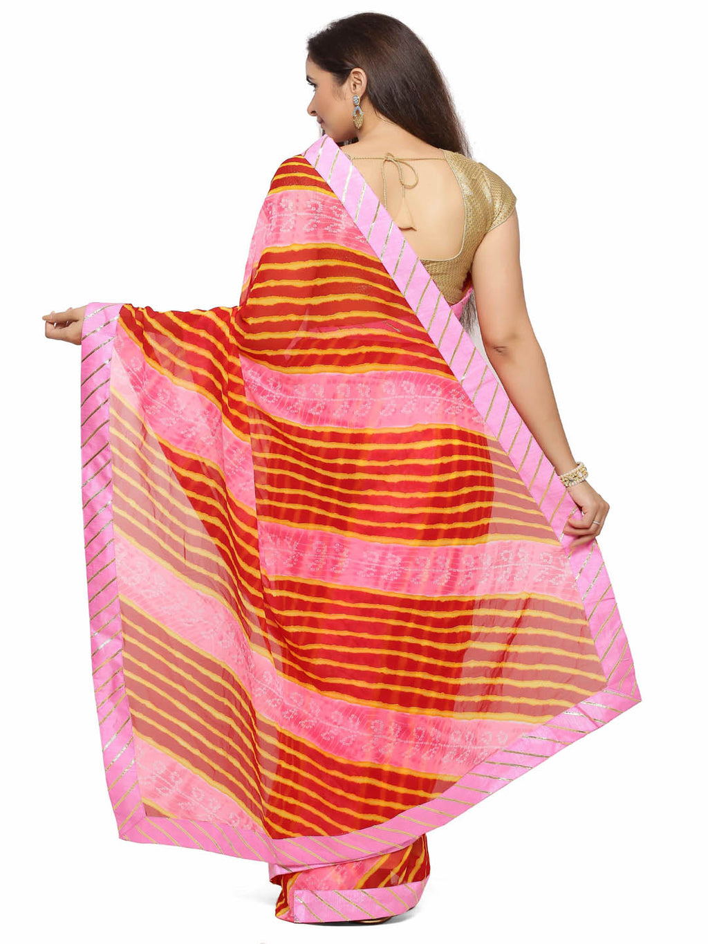 Red & Pink Bandhani With Leheriya Chiffon Saree