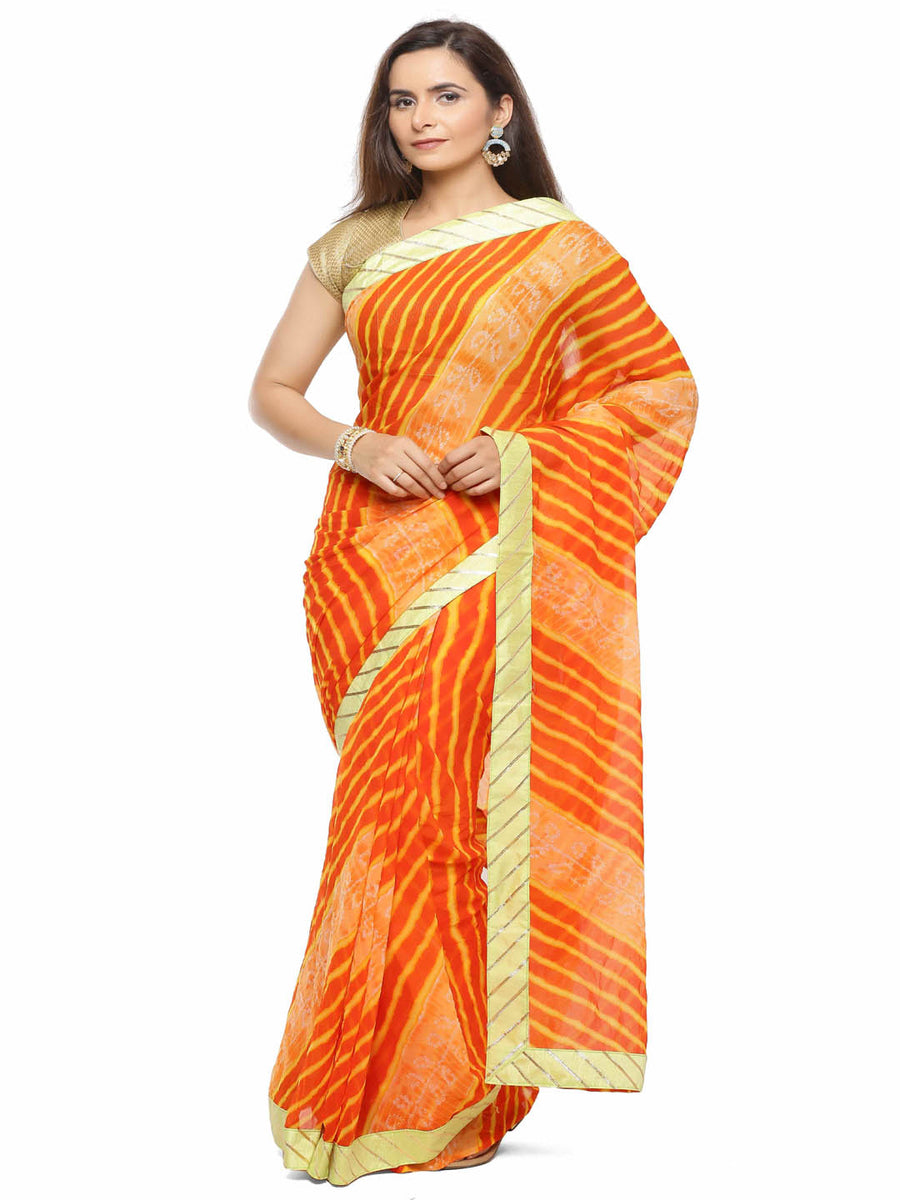 Hand Dyed Orange & Peach Leheriya Chiffon Saree