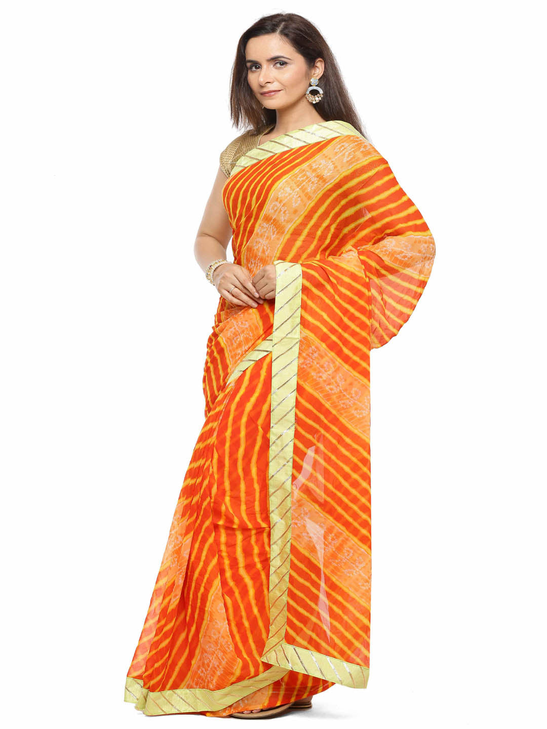 Hand Dyed Orange & Peach Leheriya Chiffon Saree