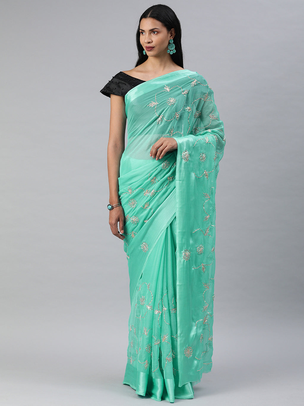 Blue Handcrafted Gota Work Chiffon Saree