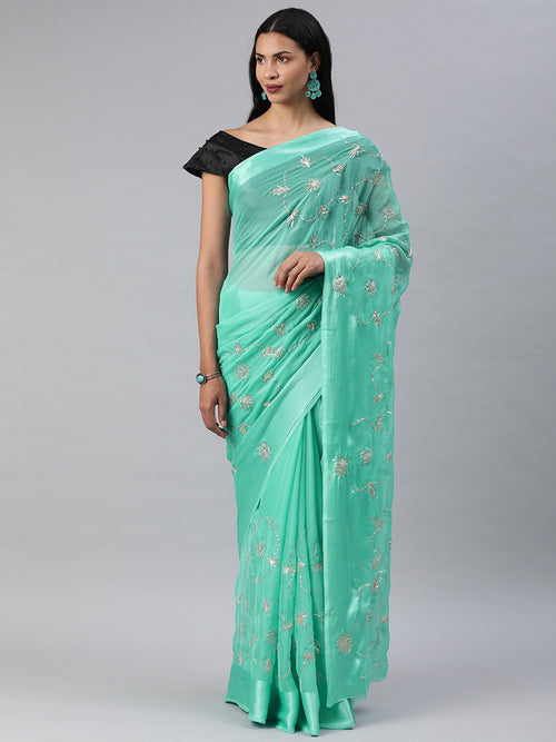 Blue Handcrafted Gota Work Chiffon Saree