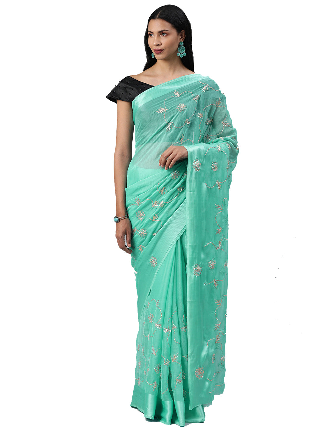 Blue Handcrafted Gota Work Chiffon Saree