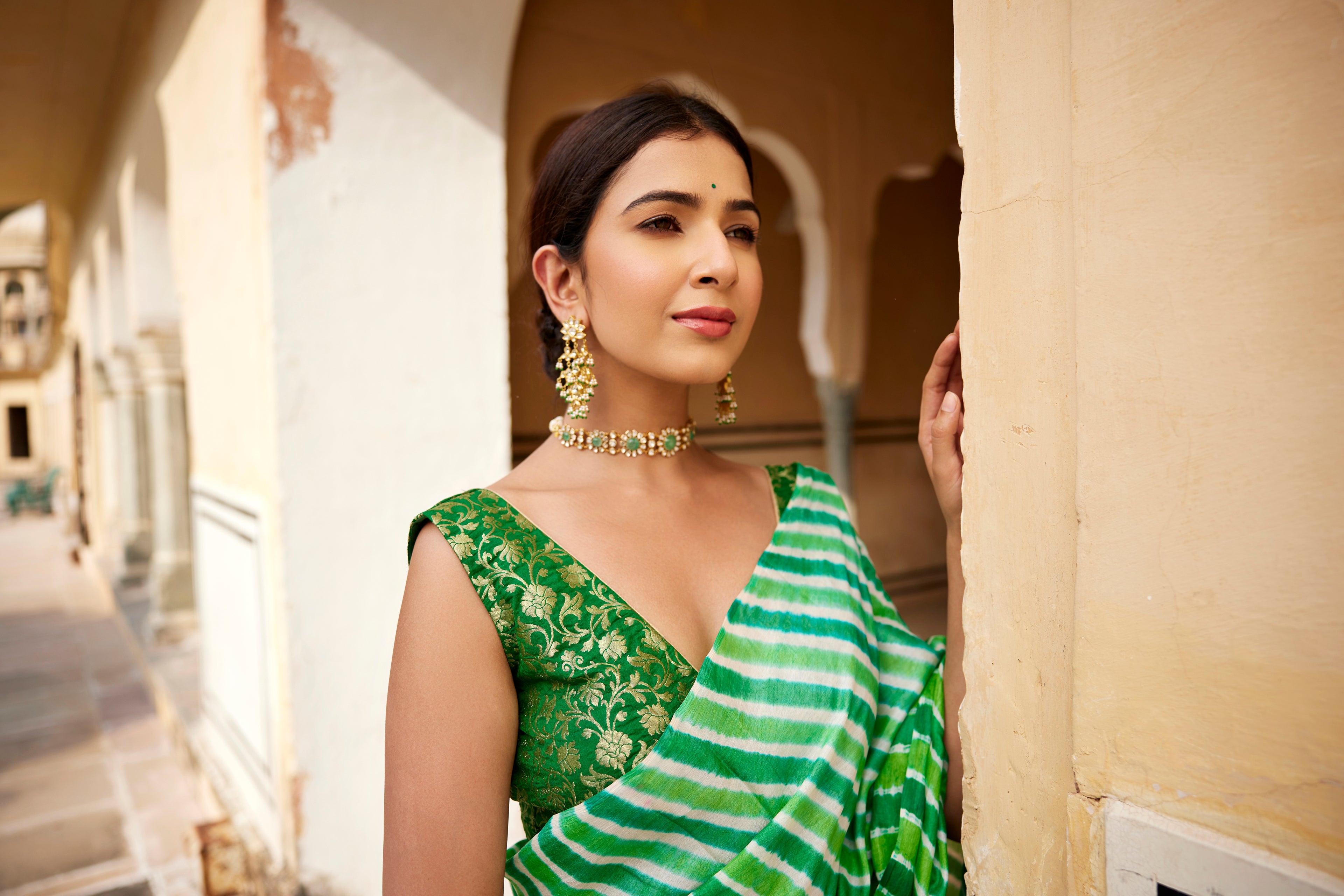 Green Pure Tussar Silk Hand-Dyed Leheriya Saree