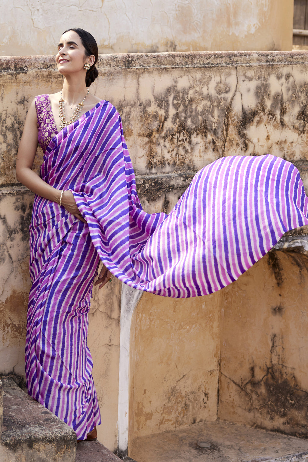Purple Pure Tussar Silk Hand-Dyed Leheriya Saree