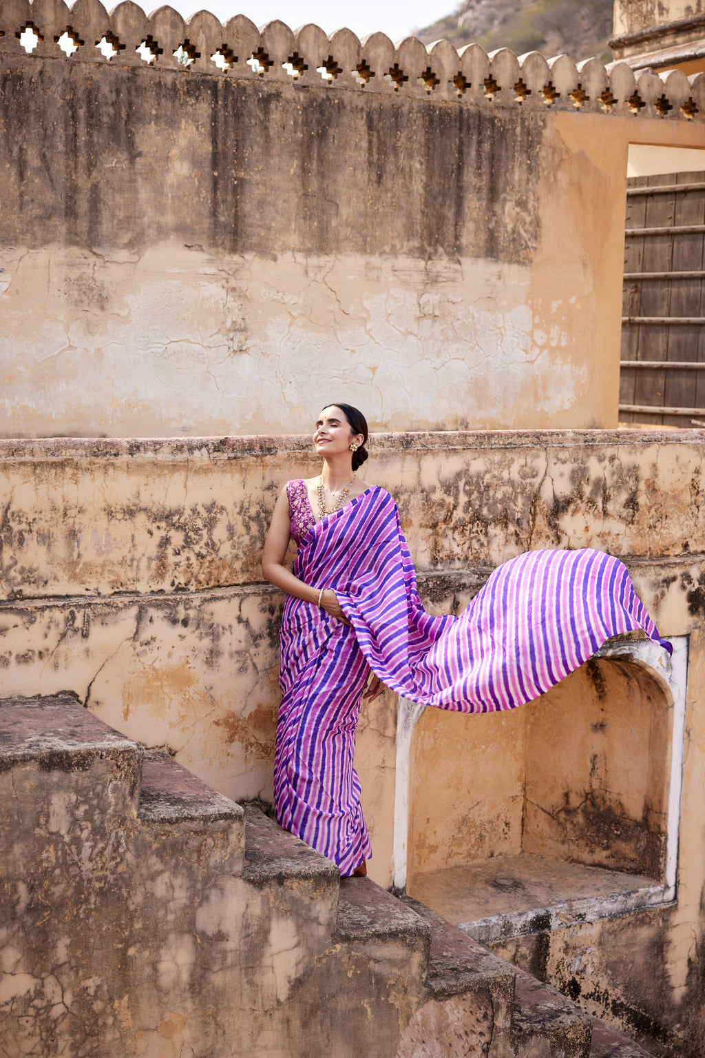 Purple Pure Tussar Silk Hand-Dyed Leheriya Saree