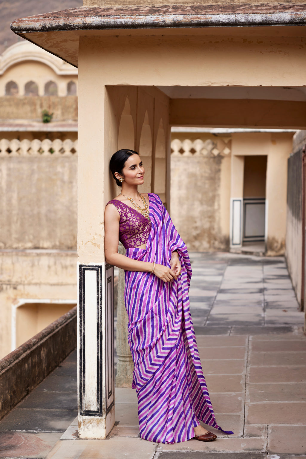 Purple Pure Tussar Silk Hand-Dyed Leheriya Saree