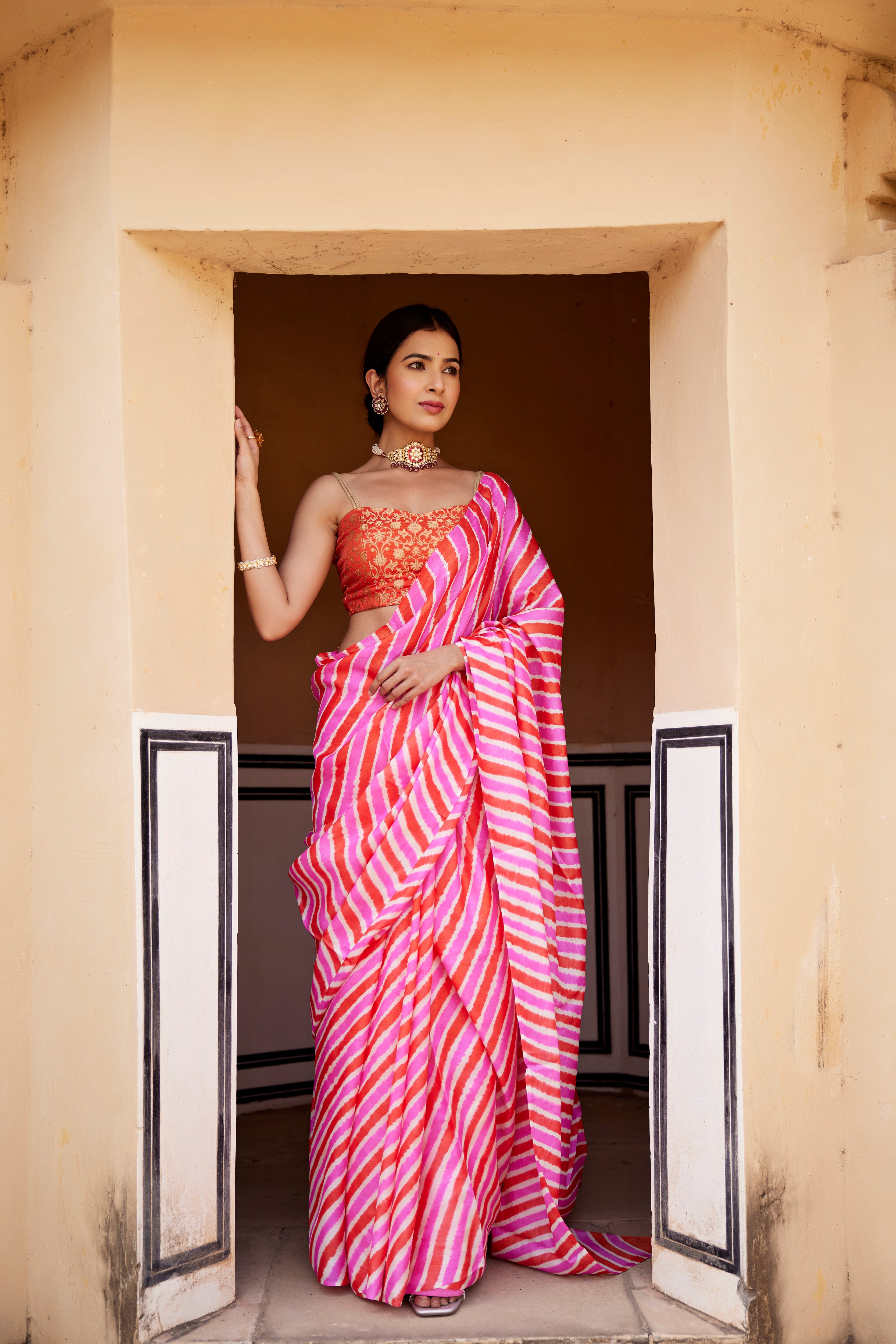 Nimrat Kaur In Pink Pure Tussar Silk Hand-Dyed Leheriya Saree