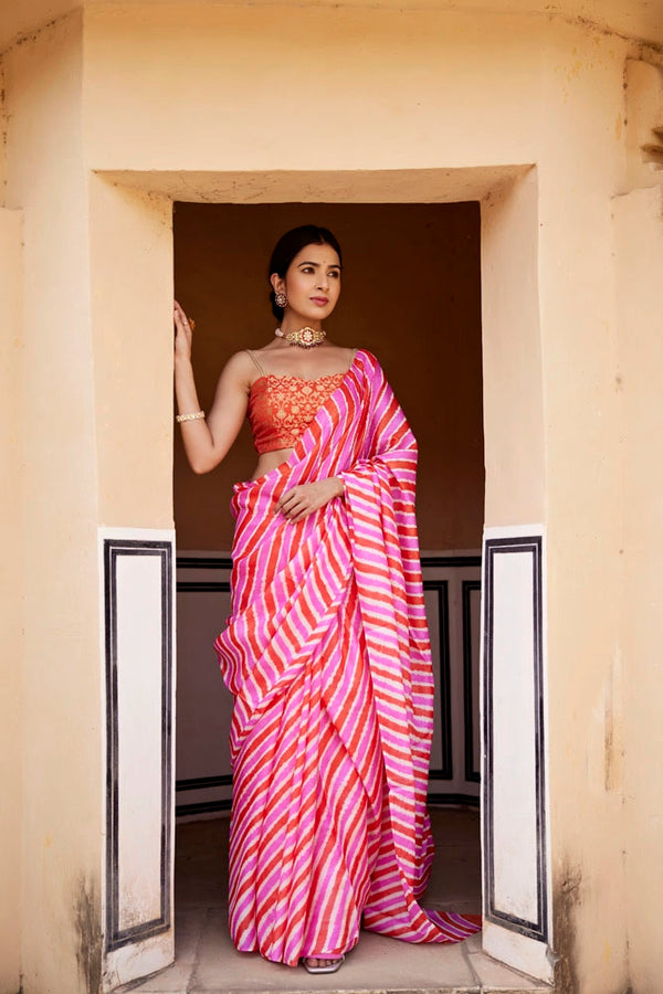 Nimrat Kaur in Pink Pure Tussar Silk Hand-Dyed Leheriya Saree