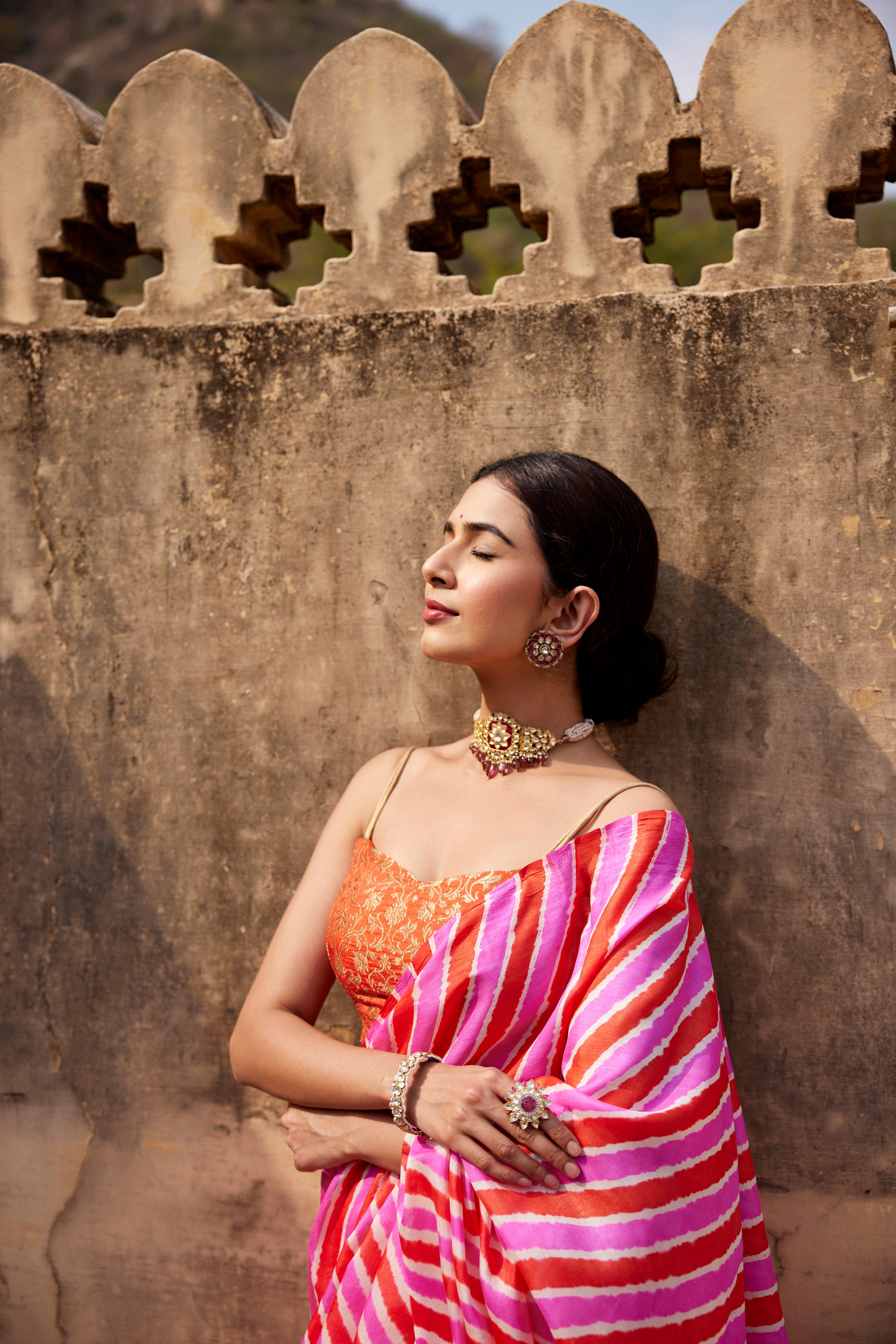 Nimrat Kaur In Pink Pure Tussar Silk Hand-Dyed Leheriya Saree