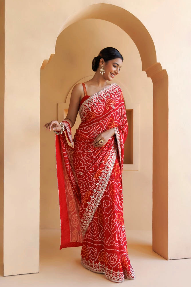 Red Hand Embroidered Gota patti and bandhani Pure Georgette Saree