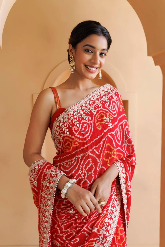 Red Hand Embroidered Gota patti and bandhani Pure Georgette Saree