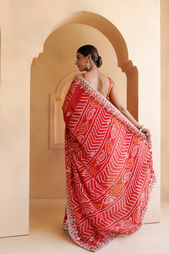 Red Hand Embroidered Gota patti and bandhani Pure Georgette Saree