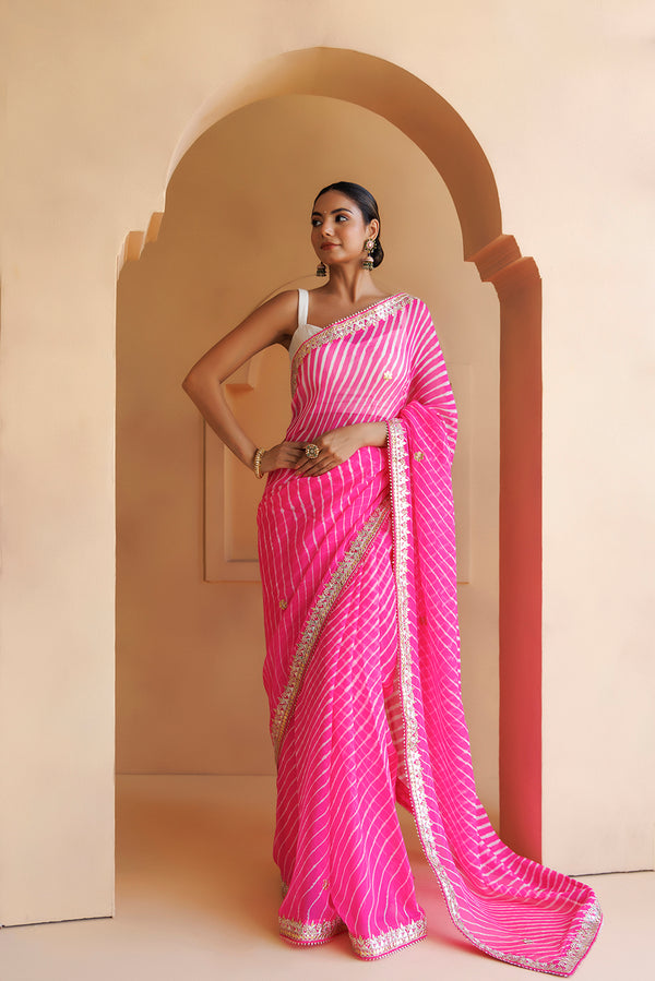 Pink Hand Embroidered Gota Patti Leheriya Pure Georgette Sareee