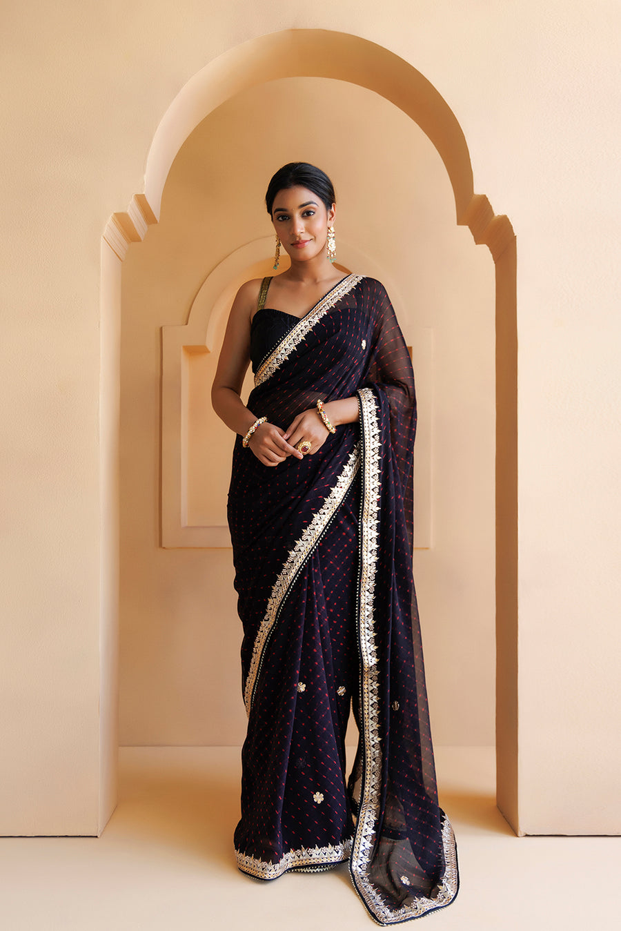 Black Hand Embroidered Gota Patti Leheriya Pure Georgette Saree