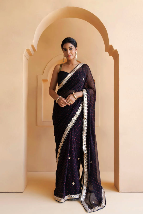 Black Hand Embroidered Gota patti leheriya Pure Georgette Saree