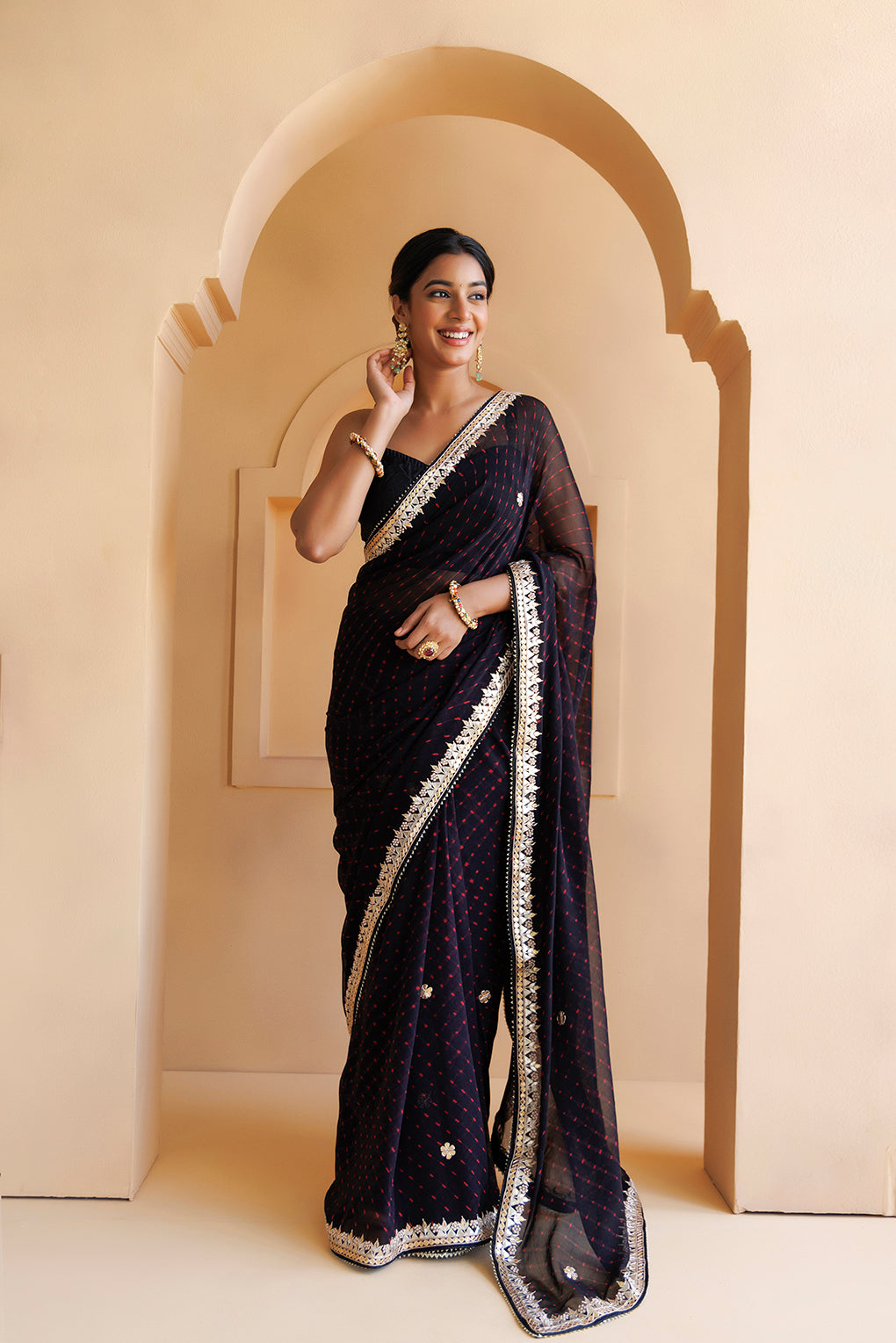Black Hand Embroidered Gota Patti Leheriya Pure Georgette Saree