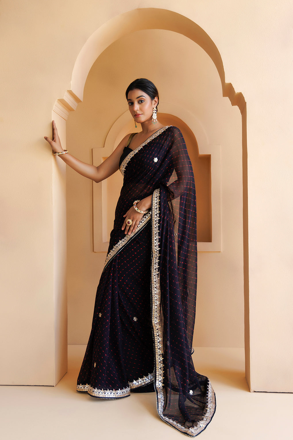 Black Hand Embroidered Gota Patti Leheriya Pure Georgette Saree