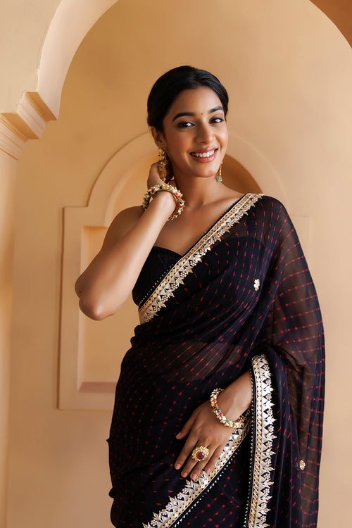 Black Hand Embroidered Gota Patti Leheriya Pure Georgette Saree