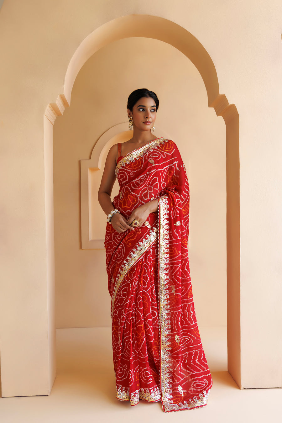 Handcrafted Red Bandhani Georgette Saree with Gota Patti Work