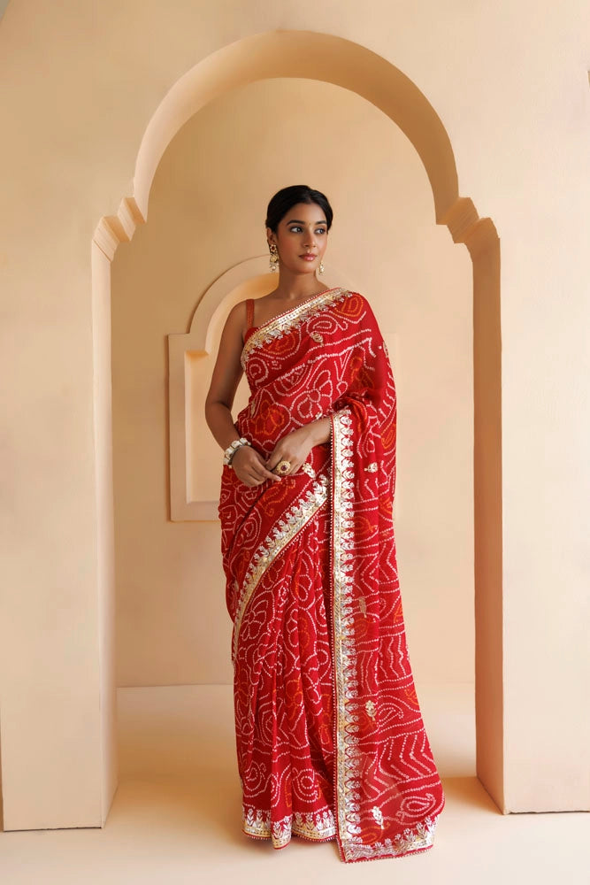 Red Hand Embroidered Gota patti and bandhani Pure Georgette Saree