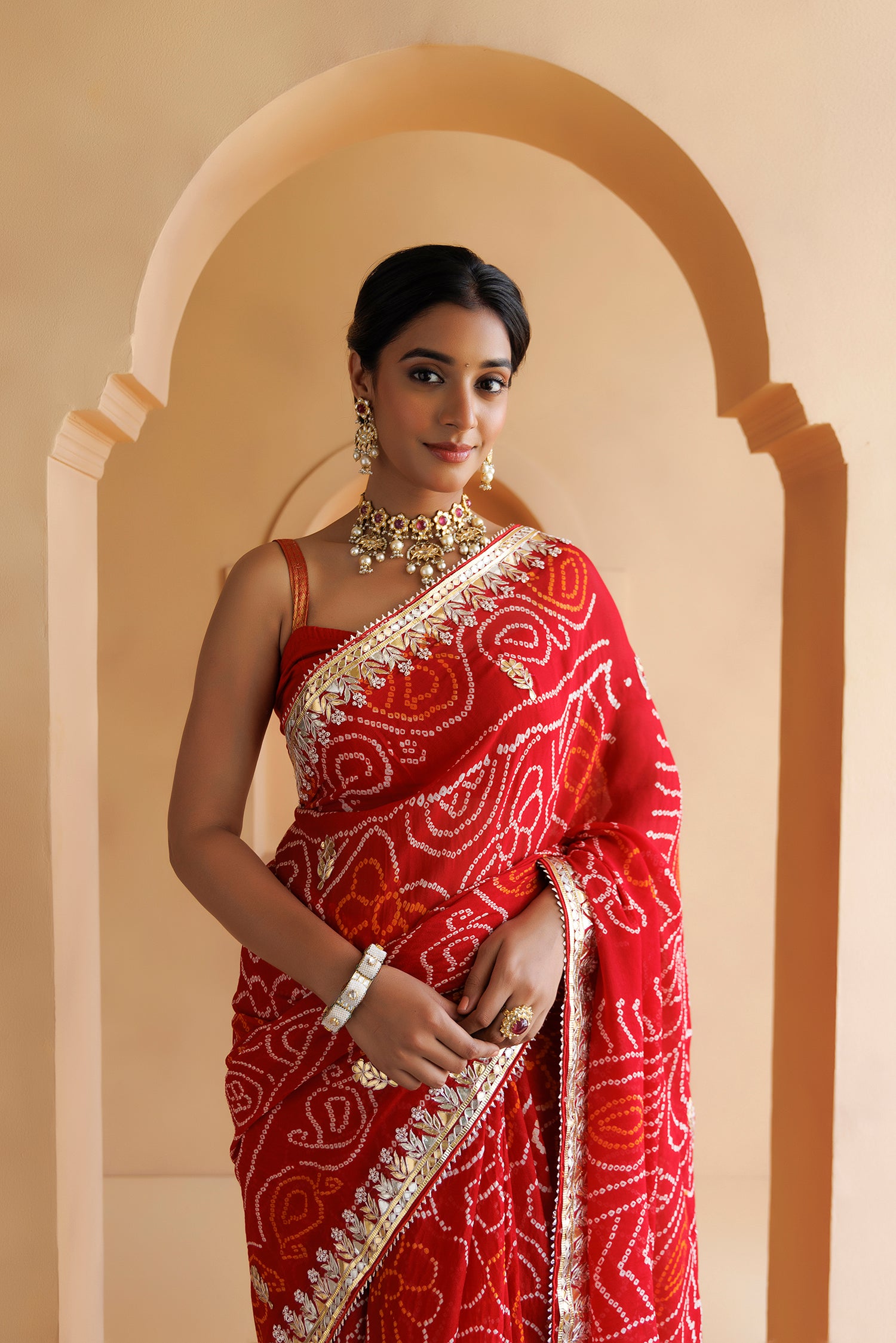 Handcrafted Red Bandhani Georgette Saree with Gota Patti Work