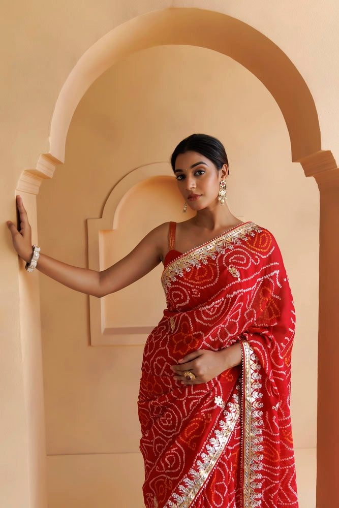 Red Hand Embroidered Gota patti and bandhani Pure Georgette Saree